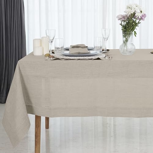 D'Moksha Homes Linen Tablecloth 60 x 144 Inch - 100% Pure Linen Classic Hemstitch Light Natural Tablecloth - Machine Washable Dining Tablecloth for Rectangle Tables for Easter
