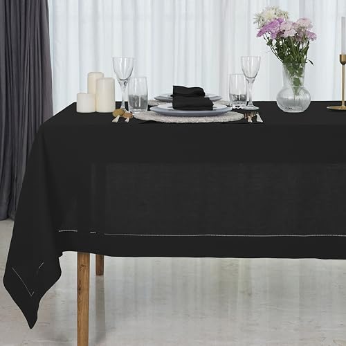 D'Moksha Homes Linen Tablecloth 60 x 144 Inch - 100% Pure Linen Classic Hemstitch Light Natural Tablecloth - Machine Washable Dining Tablecloth for Rectangle Tables for Easter