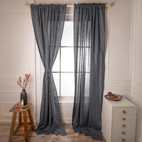 D'Moksha Homes Linen Curtain 108 Inches Long - Black Curtain 52 x 108 Inch 1 Panel - Light Filtering Rod Pocket Curtain - 100% Pure Linen European Flax Window Curtain Panel for Bedroom, Living Room