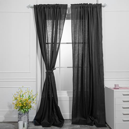 D'Moksha Homes Linen Curtain 108 Inches Long - Black Curtain 52 x 108 Inch 1 Panel - Light Filtering Rod Pocket Curtain - 100% Pure Linen European Flax Window Curtain Panel for Bedroom, Living Room