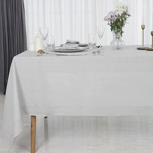 D'Moksha Homes Linen Tablecloth 60 x 144 Inch - 100% Pure Linen Classic Hemstitch Light Natural Tablecloth - Machine Washable Dining Tablecloth for Rectangle Tables for Easter