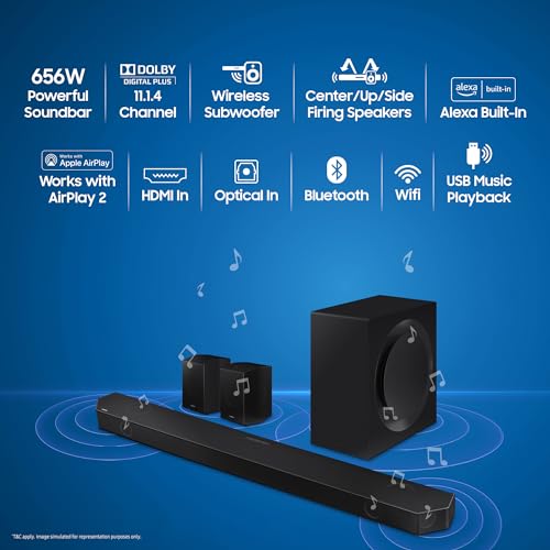 Samsung Q-Symphony soundbar (HW-Q700B) with 3 Channels, 1 subwoofer Channel, and 2 up-Firing Channels, Dolby True HD with Google & Alexa Smart Speaker (Black)