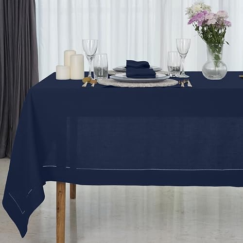D'Moksha Homes Linen Tablecloth 60 x 144 Inch - 100% Pure Linen Classic Hemstitch Light Natural Tablecloth - Machine Washable Dining Tablecloth for Rectangle Tables for Easter