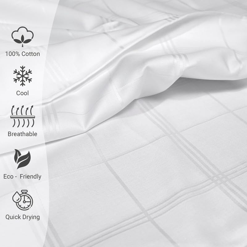 Pizuna Full 4pc Sheet Set, 300 Thread Count Sateen Weave, 100% Long Staple Cotton, Damask White Striped, 4pc Set Includes Fitted, Flat Sheets & 2 Pillowcases
