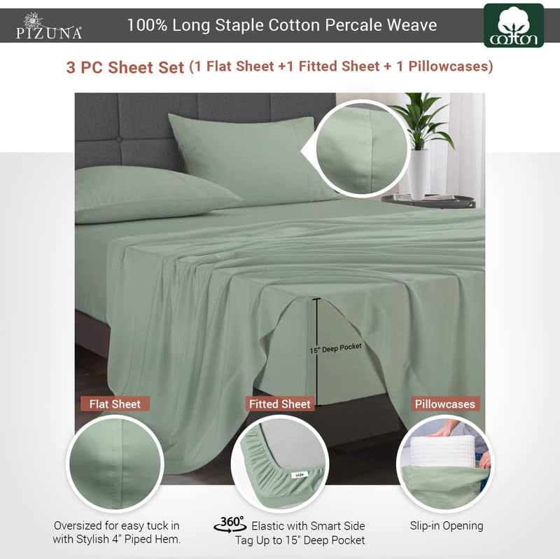 Pizuna Cotton Sheets Twin XL Size, 100% Long Staple Cotton Percale Sheets Twin XL with 15inch Deep Pocket (Combed Simply Taupe Cotton Sheets Twin XL)