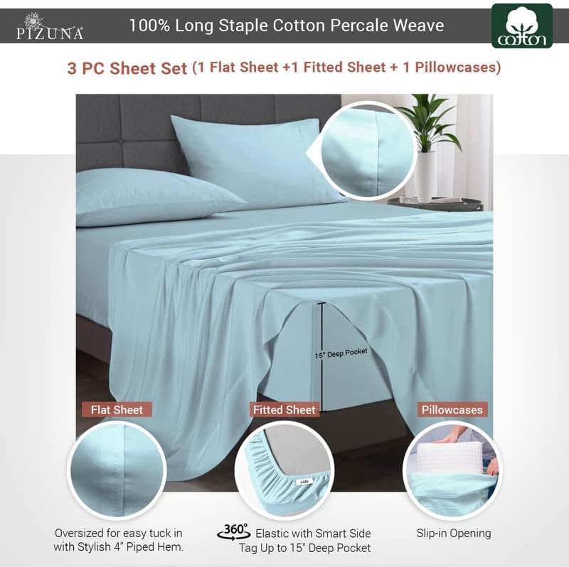Pizuna Cotton Sheets Twin XL Size, 100% Long Staple Cotton Percale Sheets Twin XL with 15inch Deep Pocket (Combed Simply Taupe Cotton Sheets Twin XL)