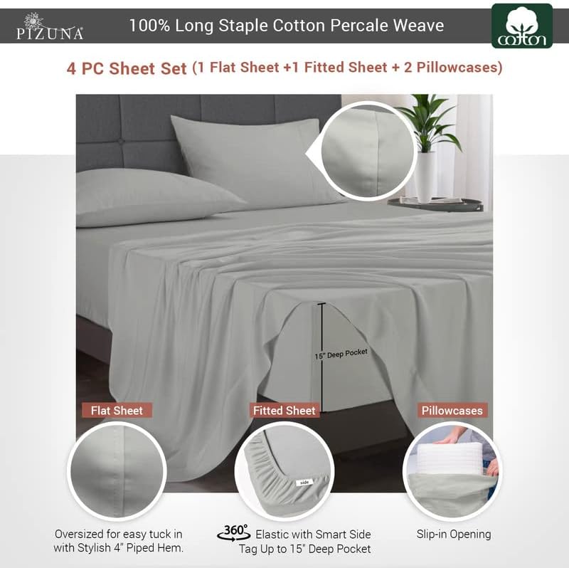 Pizuna Silver California King Sheet Set Cotton Percale, 100% Long Staple Combed Cotton Percale Sheets, Cotton Cal King Sheets Deep Pocket of 15 Inch (Silver Percale Cotton Sheets)
