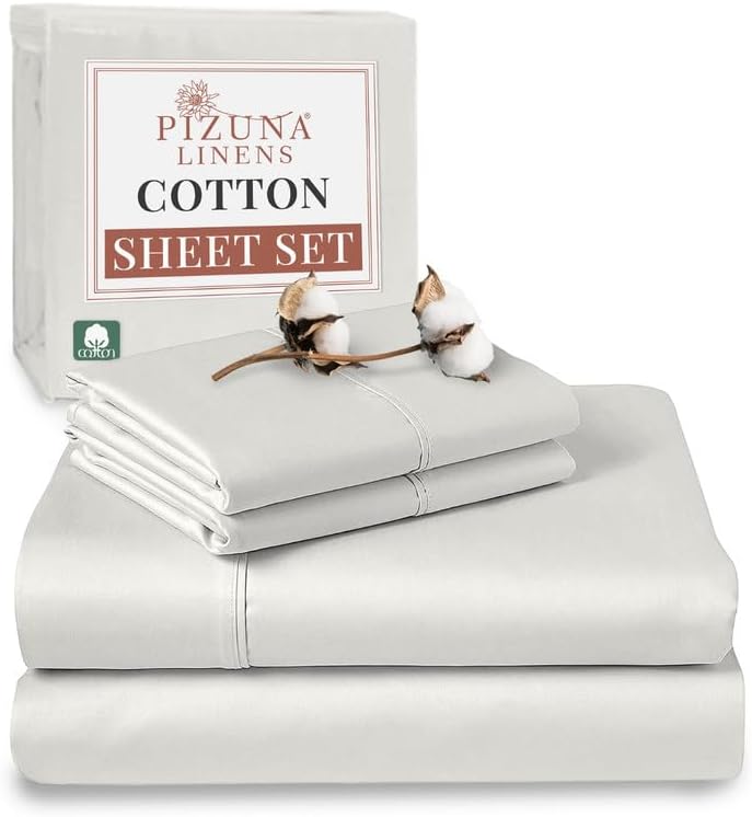 Pizuna Pure 100% Cotton Sheets California King Size, Luxurious 400 Thread Count Long Staple Cotton Sateen Sheets California King with 15inch Deep Pocket (Combed Cotton Sheets California King)