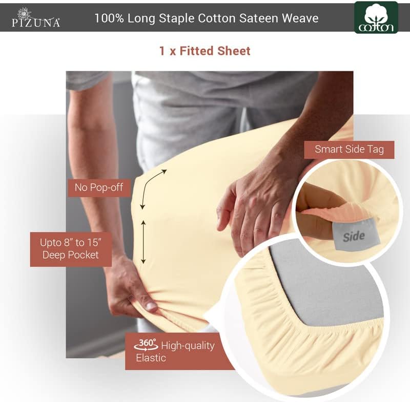 Pizuna Cotton Twin Fitted Sheet Cream, 400 Thread Count 100% Long Staple Combed Cotton Sateen Weave 15 inch Deep Pocket Twin Sheets (Cream Twin Size Fitted Sheet -1PC)