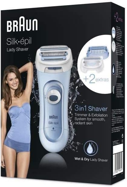 Braun Silk-épil Lady Shaver 5-160, 3-in-1 Wet and Dry Electric Shaver, Trimmer and Exfoliation System with 2 Extras, Blue