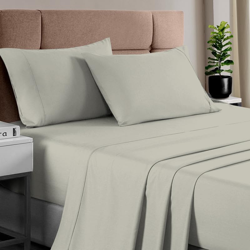 Pizuna Pure 100% Cotton Split King Sheet Set Silver, Luxurious 400 Thread Count Long Staple Cotton Sateen Split King Sheets Sets For Adjustable Bed with 15" Deep Pocket - 5 PC
