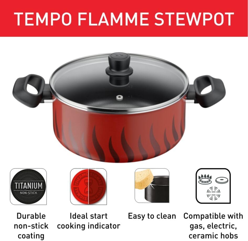 Tefal G6 Tempo Flame 32 Cm Non Stick Frypan With Thermo Spot, Red, Aluminium, C3040883