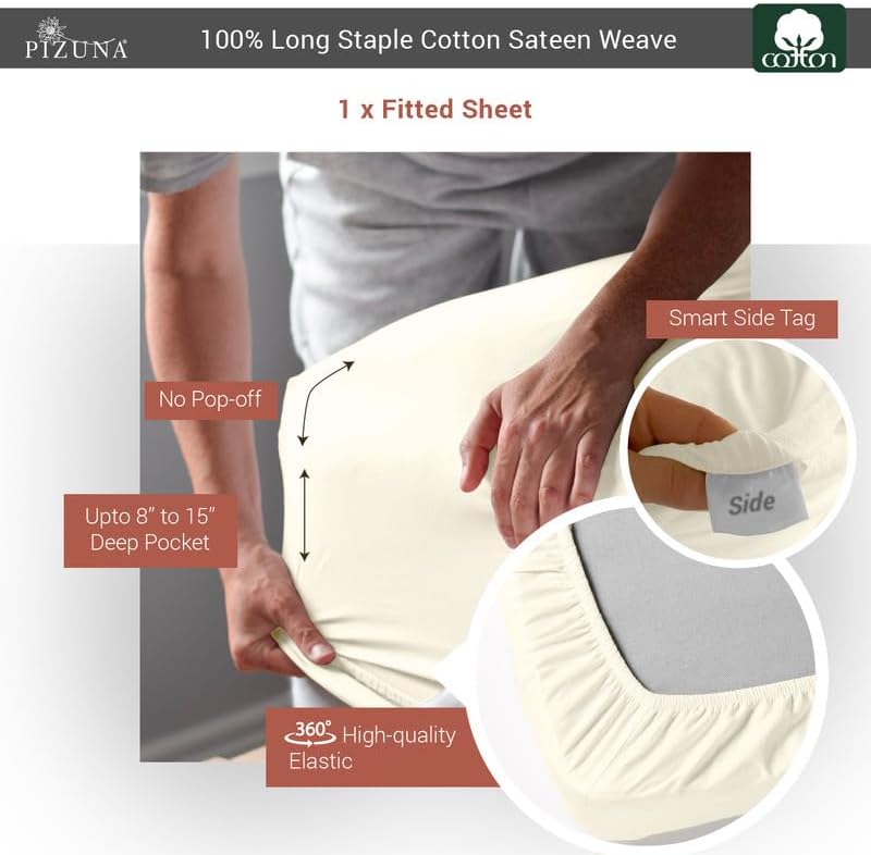 Pizuna Cotton California King Fitted Sheet Ivory, 400 Thread Count 100% Long Staple Combed Cotton Sateen Fitted Bed Sheet California King (Ivory Cali King Fitted Sheet Only - 1PC)