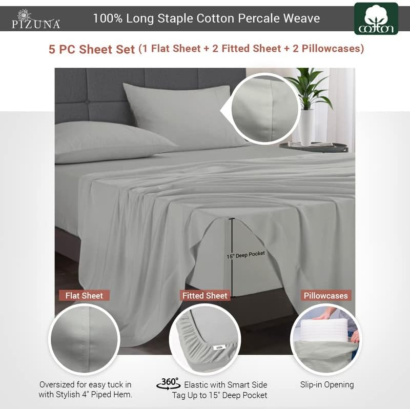 Pizuna Cotton Sheets Twin XL Size, 100% Long Staple Cotton Percale Sheets Twin XL with 15inch Deep Pocket (Combed Simply Taupe Cotton Sheets Twin XL)