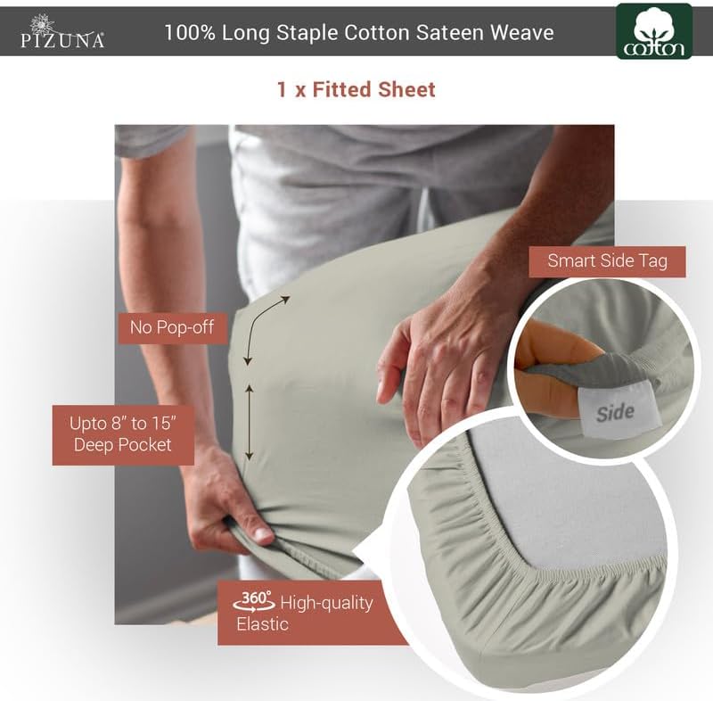 Pizuna Cotton Twin Fitted Sheet Silver, 400 Thread Count 100% Long Staple Combed Cotton Sateen Weave 15 inch Deep Pocket Twin Sheets (Silver Twin Size Fitted Sheet -1PC)