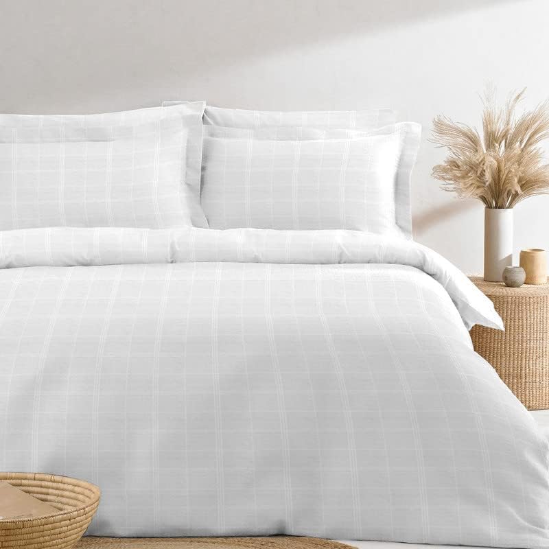 Pizuna Cotton Full Duvet Cover Set, 300 Thread Count Long Staple Cotton Sateen Weave with Button Closure (Combed Checks Luxury Red Cotton Duvet Cover Full)