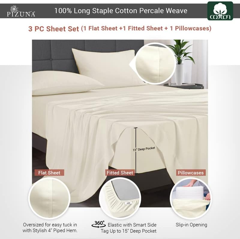 Pizuna Cotton Sheets Twin XL Size, 100% Long Staple Cotton Percale Sheets Twin XL with 15inch Deep Pocket (Combed Simply Taupe Cotton Sheets Twin XL)
