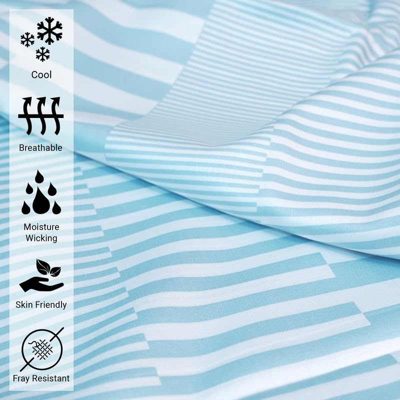 Pizuna Pure 100% Cotton Full Fitted Sheet Only, Luxurious 400 Thread Count Long Staple Cotton Sateen Weave 15" Deep Pocket Fitted Sheet (Combed Blue Cascade Stripe Full Fitted Sheet Cotton)