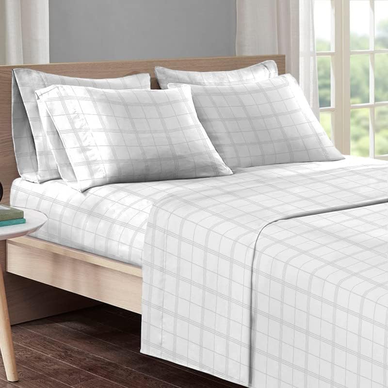 Pizuna Full 4pc Sheet Set, 300 Thread Count Sateen Weave, 100% Long Staple Cotton, Damask White Striped, 4pc Set Includes Fitted, Flat Sheets & 2 Pillowcases