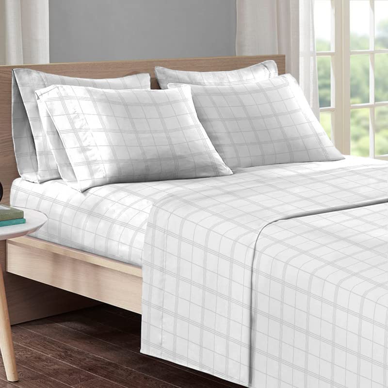 Pizuna Cotton Sheets Twin Size, 300 Thread Count Long Staple Soft Sateen with 15-Inch Deep Pocket (Combed Checks Luxury Red)
