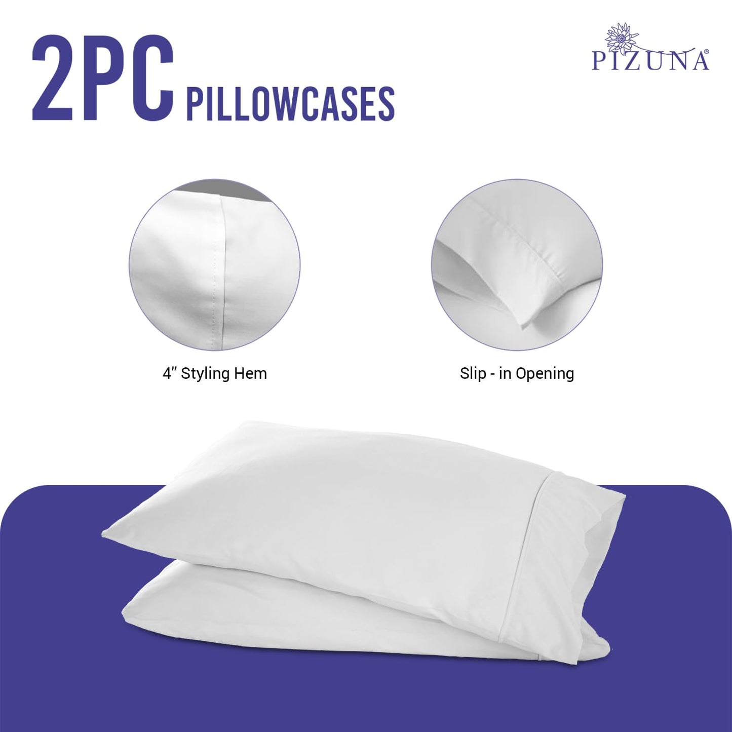 Pizuna 100% Luxury Cotton King Size Pillow Case Dark Blue, 1000 Thread Count 100% Long Staple Cotton Sateen Pillowcase, Pillow Covers with Stylish 4" Hem (Combed Cotton King Pillowcase Set of 2)