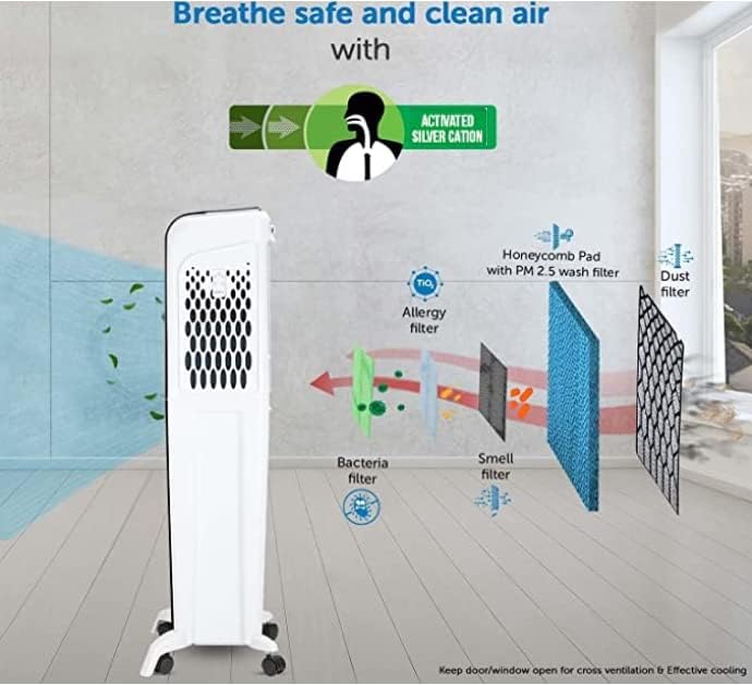 KHIND Frosty-3D 30L, Air Cooler with Remote, 3 Sided Honeycomb Cooling Pads, Activated Silver Cation for Fresher Air, Pop-Up Touchscreen, Energy Efficient, White & Black - EACT303D-WK-Made in China