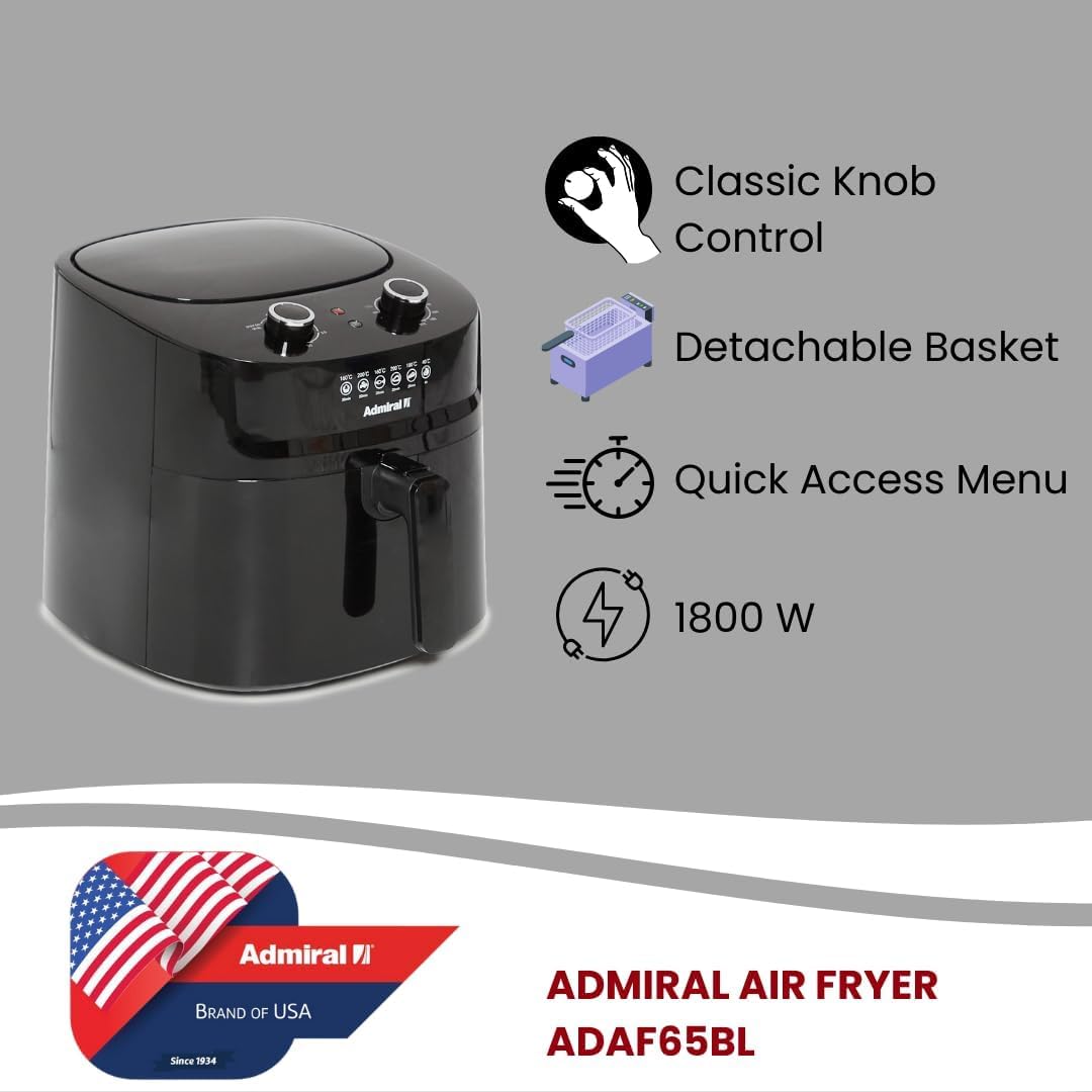 Admiral Air Fryer, 6.5L,1800W, No Oil, Classic Control Air Fryer, Dishwasher Safe, ADAF65BL, 1 Year Warranty.