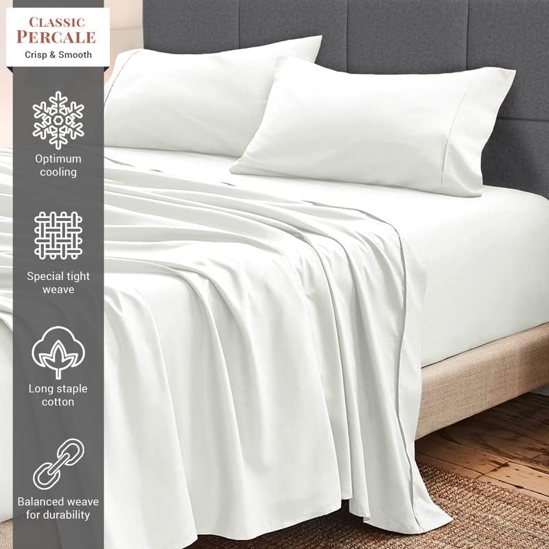 Cotton Sheets Queen Size, 100% Long Staple Cotton Percale Sheets Queen with 15inch Deep Pocket (Combed White)