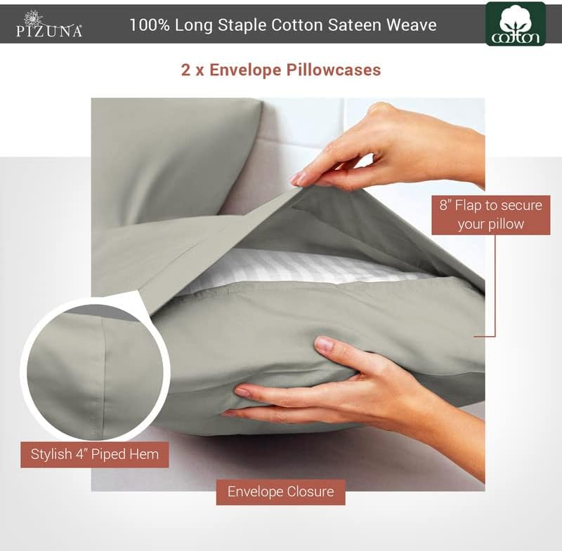 Pizuna Cotton Envelope Pillow Cases King Size Silver, 400 Thread Count 100% Long Staple Combed Cotton Sateen Weave Soft Envelope Pillow Covers (Silver King Size Envelope Pillow Cases - 2PC)