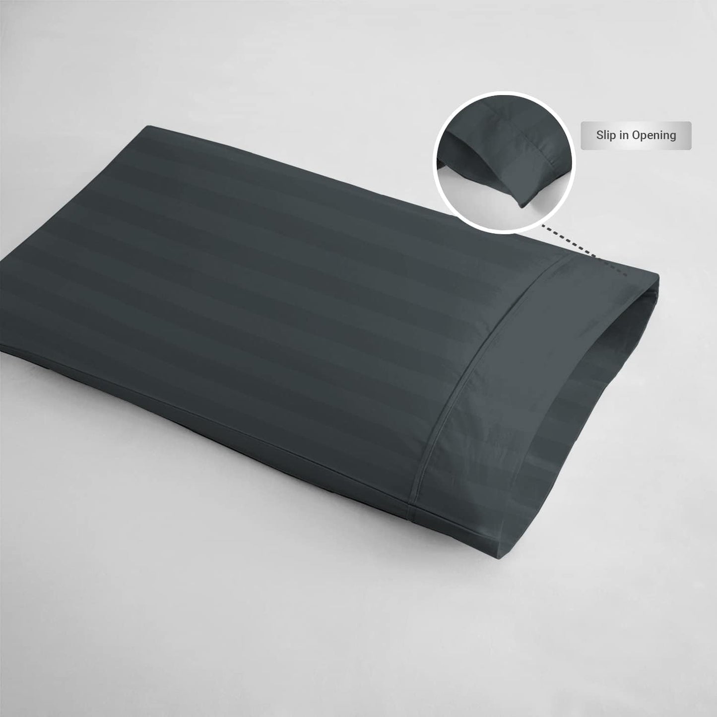 Pizuna 100% Cotton Pillow Cases King Size Set of 2 Stripe Luxury Anthracite Grey, 300 Thread Count Long Staple Cotton Sateen with Stylish 4" Hem (Combed Cotton Pillow Cases King)