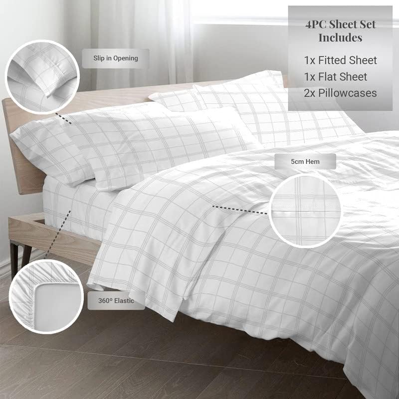 Pizuna Full 4pc Sheet Set, 300 Thread Count Sateen Weave, 100% Long Staple Cotton, Damask White Striped, 4pc Set Includes Fitted, Flat Sheets & 2 Pillowcases
