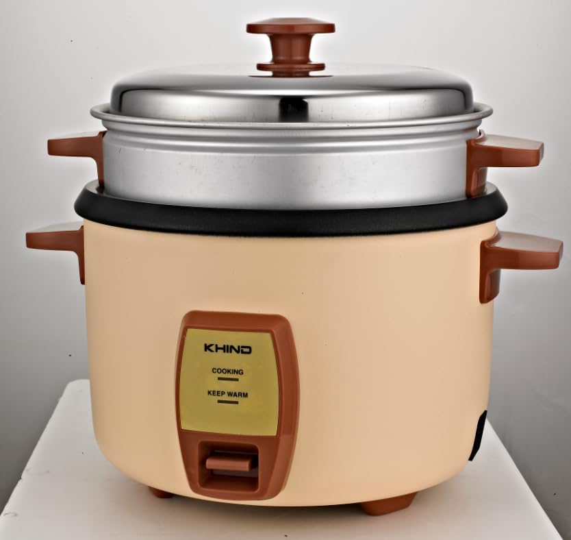 Khind Rice Cooker with Teflon Coated Aluminium Pot, 1.8 Liter Capacity, Cream Magnolia Finish - Efficient 405-480W Power, Compact Design, 1-Year Warranty - Perfect for Family Meals, Made in China