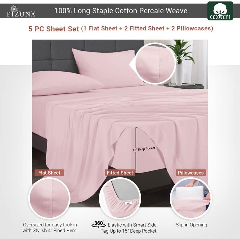 Pizuna Light Pink Cotton Percale Split King Sheets Set, 100% Long Staple Cotton Percale Sheets King Split, Plain Weave Split King Sheet Set Deep Pocket of 15 Inch (Light Pink Sheets Percale)