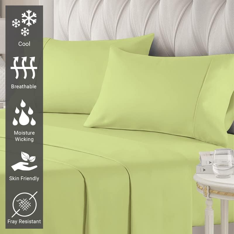 Pizuna Pure 100% Cotton Short King Sheets For RV Light Green, Luxurious 400 Thread Count Long Staple Cotton Sateen Cooling RV King Short Sheets - 4 PC
