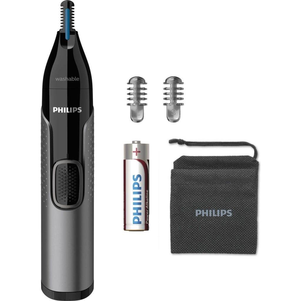 PHILIPS Nose Hair Trimmer, Series 3000 Nose, Ear and Eyebrow Trimmer Showerproof with Protective Guard System, Battery Operated, No pulling Guaranteed NT3650/16, Grey