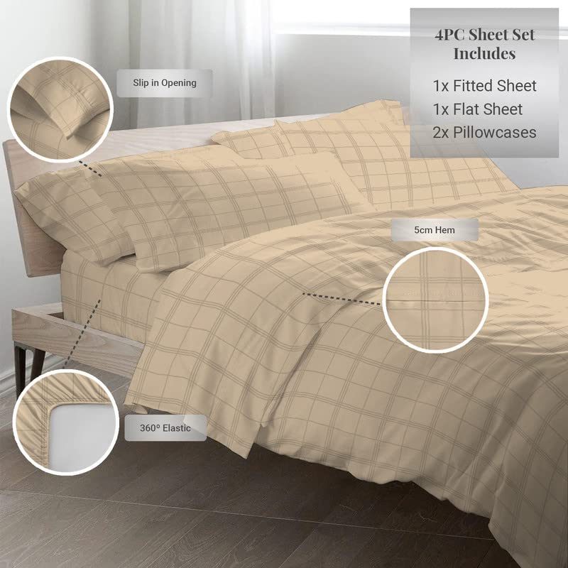 Pizuna Cotton Sheets Twin Size, 300 Thread Count Long Staple Soft Sateen with 15-Inch Deep Pocket (Combed Checks Luxury Red)