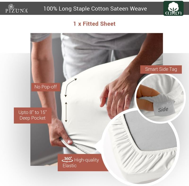 Pizuna Cotton California King Fitted Sheet Off White, 400 Thread Count 100% Long Staple Combed Cotton Sateen Fitted Bed Sheet California King (Off White Cali King Fitted Sheet Only - 1PC)