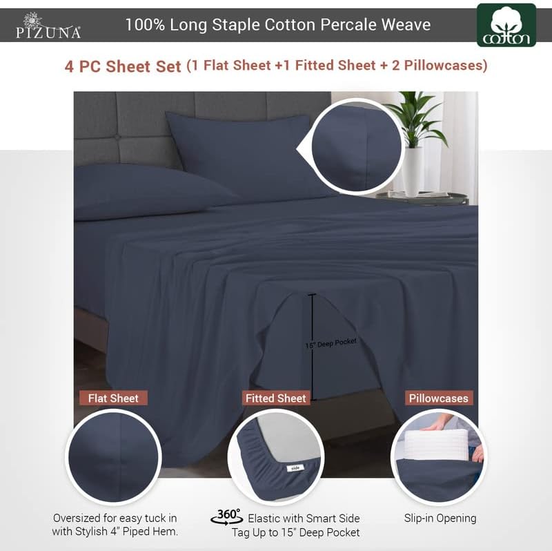 Pizuna Set of Dark Blue Cotton Percale Sheets Full Size, 100% Long Staple Cotton Percale Bed Sheets, 15 Inch Deep Pocket Full Size Sheet Sets Cotton (Full Size Dark Blue Sheets Percale)