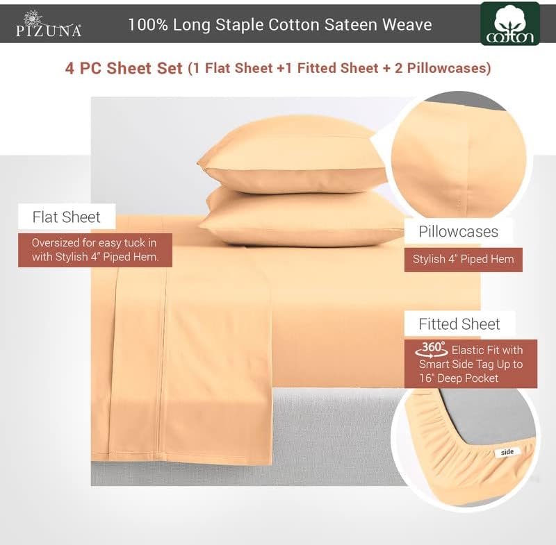 Pizuna Pure 100% Cotton King Size Sheets Set Light Orange, Luxurious 400 Thread Count Long Staple Cotton Sateen Sheets with 15" Deep Pocket (Cotton Bed Sheet Set - 4PC)
