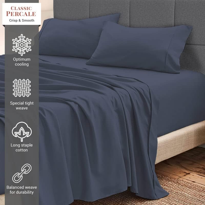 Pizuna Set of Dark Blue Cotton Percale Sheets Full Size, 100% Long Staple Cotton Percale Bed Sheets, 15 Inch Deep Pocket Full Size Sheet Sets Cotton (Full Size Dark Blue Sheets Percale)
