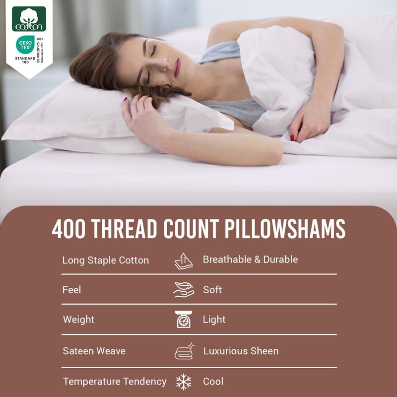 Pizuna Pure 100% Cotton Pillow Shams King Size Set of 2 Baby Blue, Luxurious 400 Thread Count Long Staple Cotton Sateen with Envelope Closure (Combed Baby Blue Cotton Pillow Shams King)