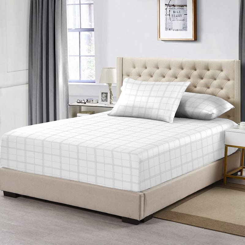 Pizuna 100% Cotton Full Fitted Sheet Only, 300 Thread Count Long Staple Cotton Soft Sateen Weave15inch Deep Pocket Fitted Sheet (Combed Stripe Luxury Cream Full Fitted Sheet Cotton)