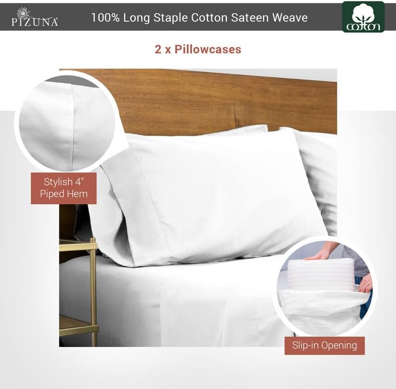 Pizuna 400 Thread Count Cotton Queen Pillowcases, Pure White, 100% Long Staple Cotton, Standard Size Set of 2, Cooling Pillow Cases with Stylish 4 inch Hem