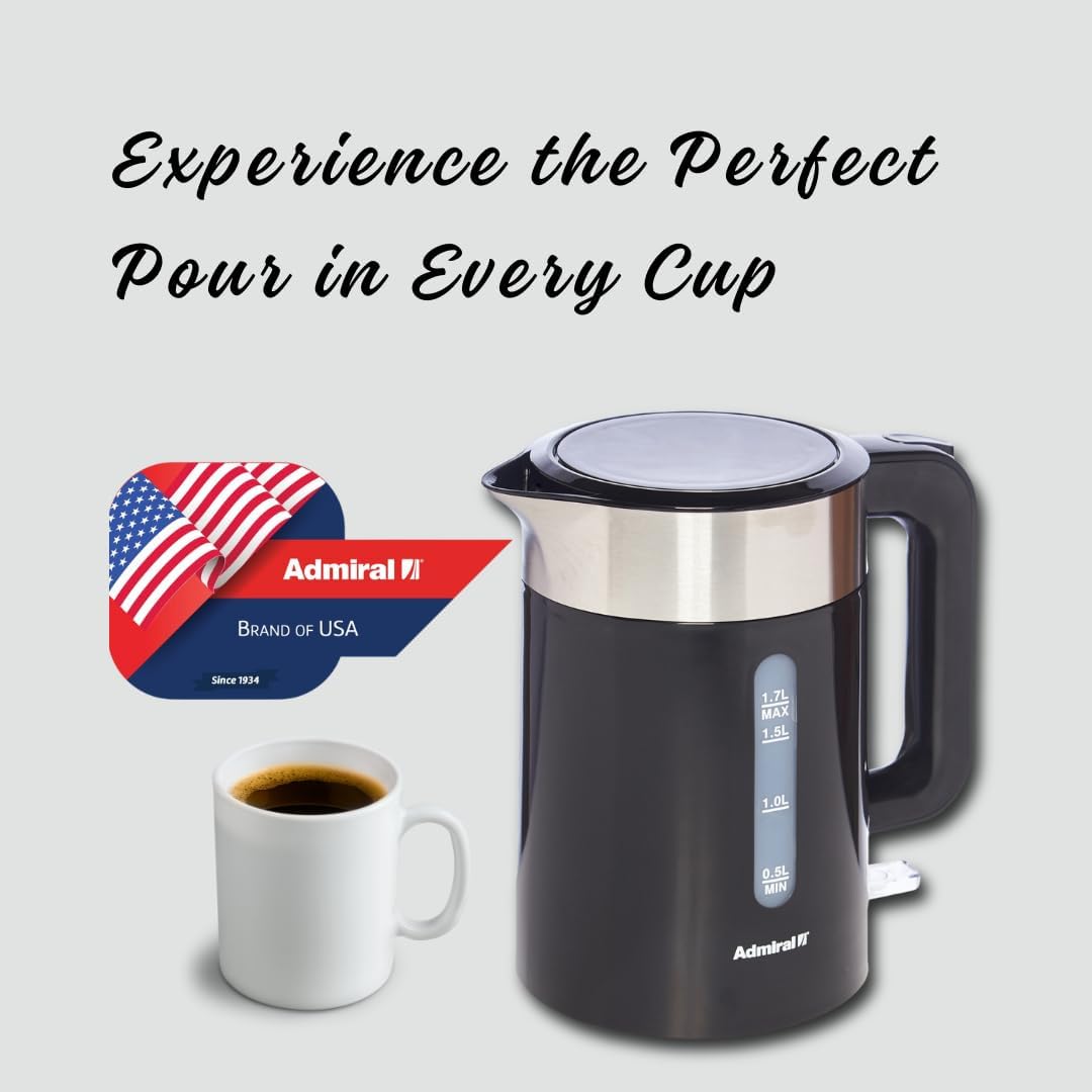 Admiral Electric Kettle, 2200W Power, 1.7L,with Boil Dry Protection, Auto Lid Open & Auto Shut Off Function, Perfect for Beverages, 1 Year Warranty, Black, ADBK17P.