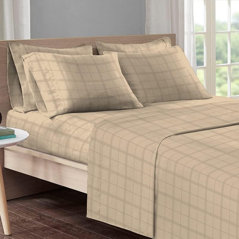 Pizuna Cotton Sheets Full Size, 300 Thread Count Long Staple Cotton Soft Sateen Sheets Full with 15inch Deep Pocket (Combed Checks Luxury Red Cotton Sheets Full)