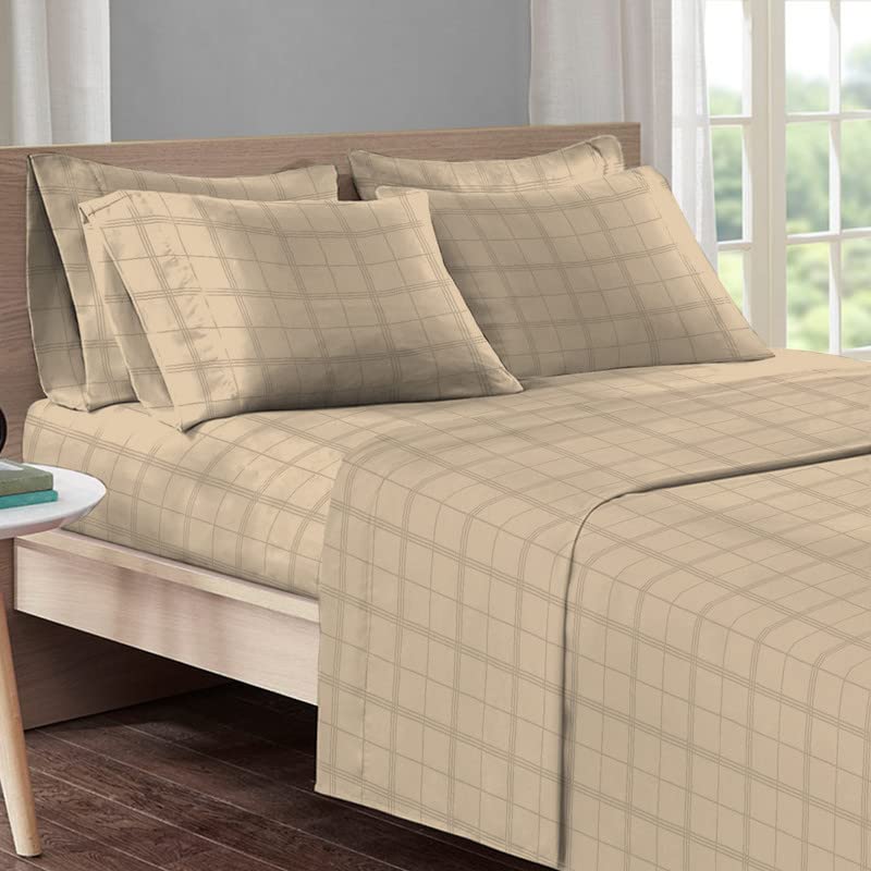 Pizuna Cotton Sheets Twin Size, 300 Thread Count Long Staple Soft Sateen with 15-Inch Deep Pocket (Combed Checks Luxury Red)