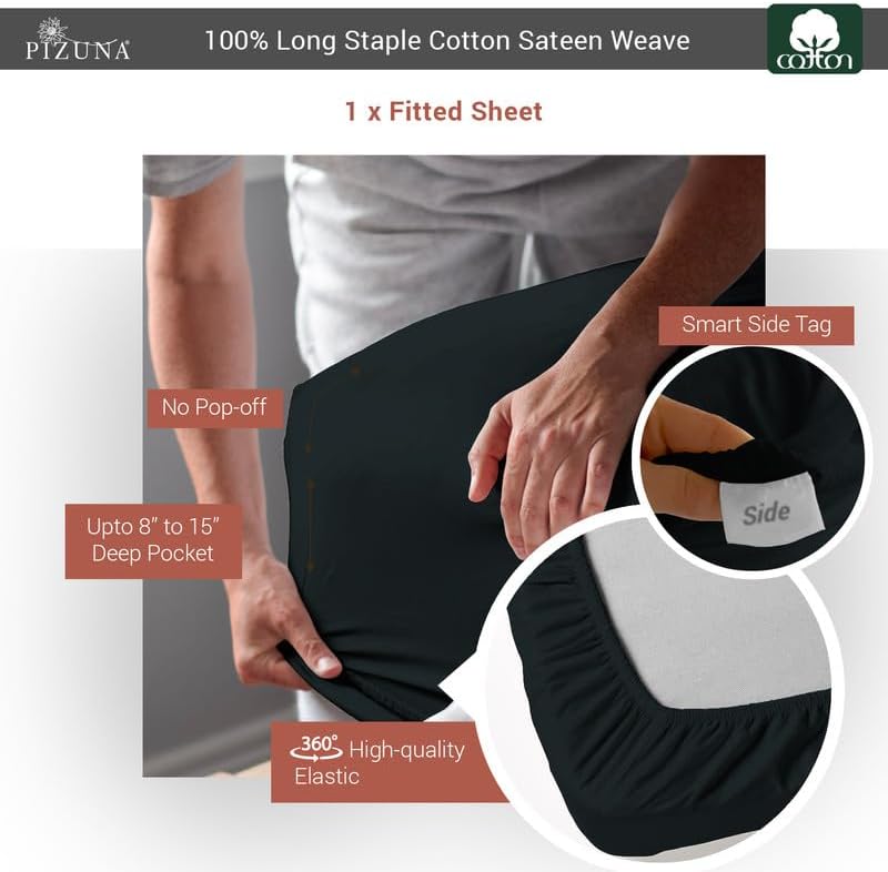 Pizuna Cotton California King Fitted Sheet Black, 400 Thread Count 100% Long Staple Combed Cotton Sateen Fitted Bed Sheet California King (Black Cali King Fitted Sheet Only - 1PC)