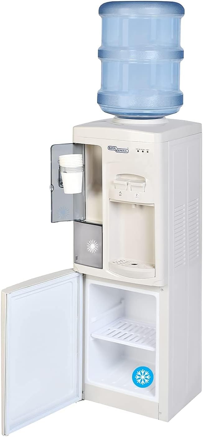Super General Hot and Cold Water Dispenser, Water-Cooler with Cooling Cabinet and Cup-Holder, Instant-Hot-Water, 2 Taps, SGL-1191, White/Grey, 31.2 x 32.5 x 96 cm, 1 Year Warranty