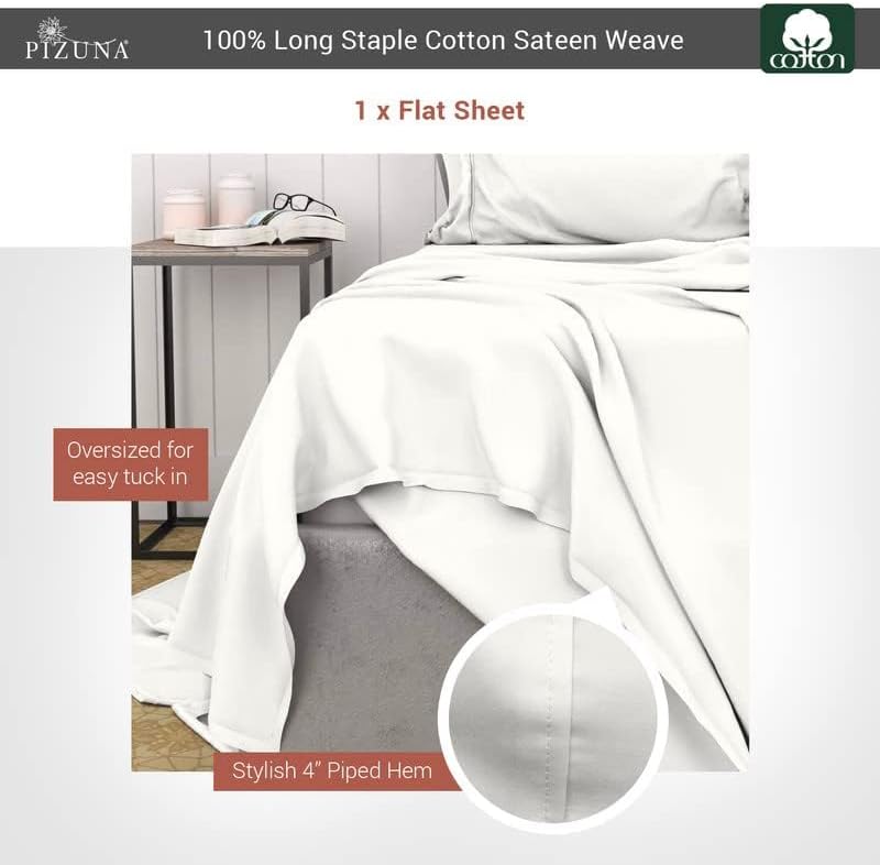 Pizuna 400 Thread Count 100% Long Staple Cotton Sateen Weave Bed Linen (Sheet Sets, Duvet Cover Sets, Pillow Cases) Flat Sheet - Queen (1PC)