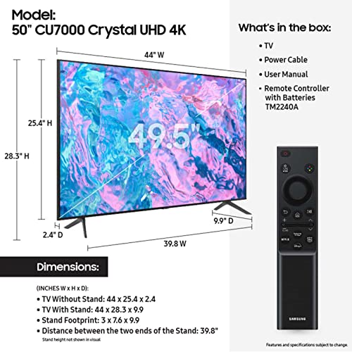 SAMSUNG 55-Inch Class Crystal UHD CU7000 Series PurColor, Object Tracking Sound Lite, Q-Symphony, 4K Upscaling, HDR, Gaming Hub, Smart TV with Alexa Built-in Smart TV (UN55CU7000, 2023 Model)